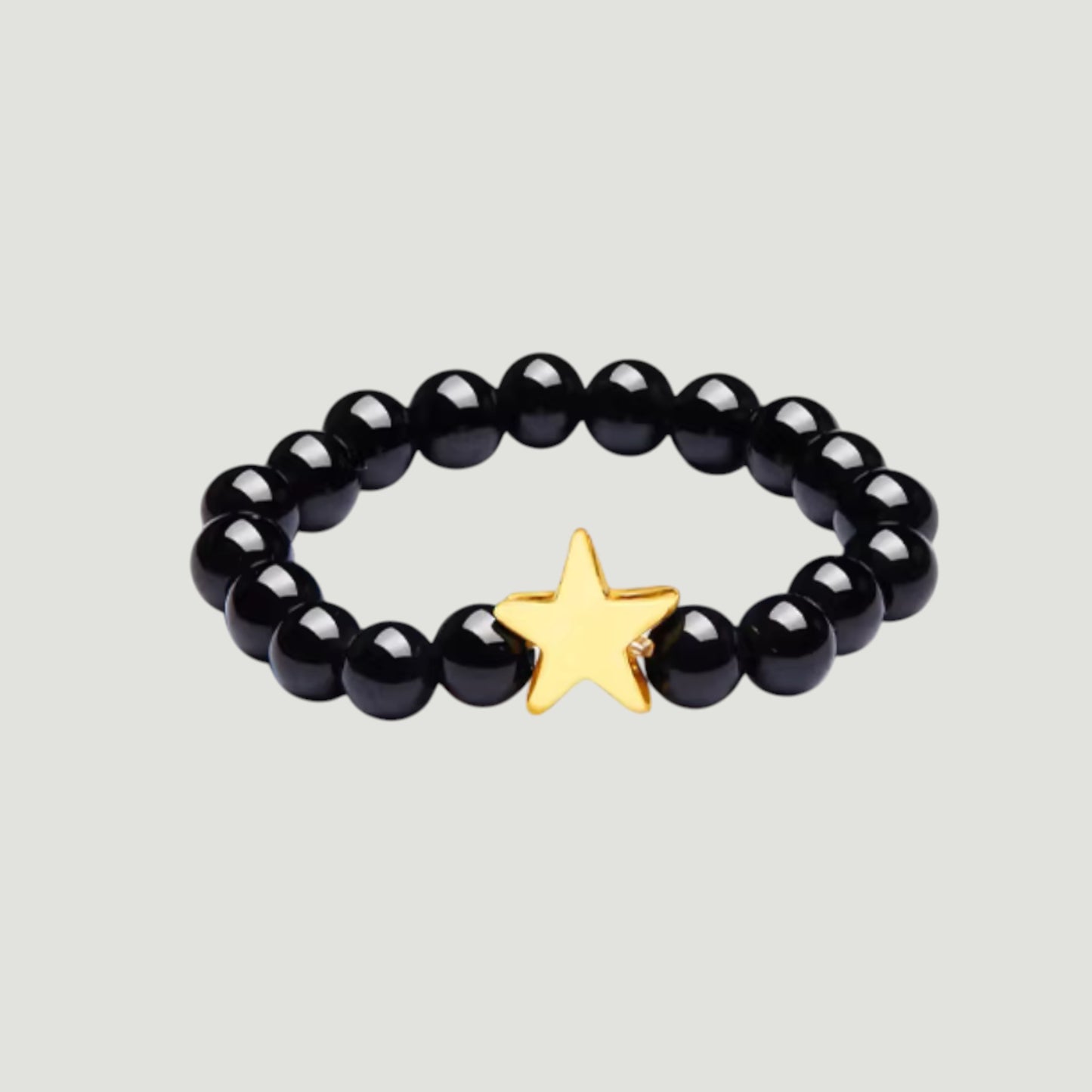 24K 999 5D Hard Gold Mini Star Charm Black Agate Beads Ring