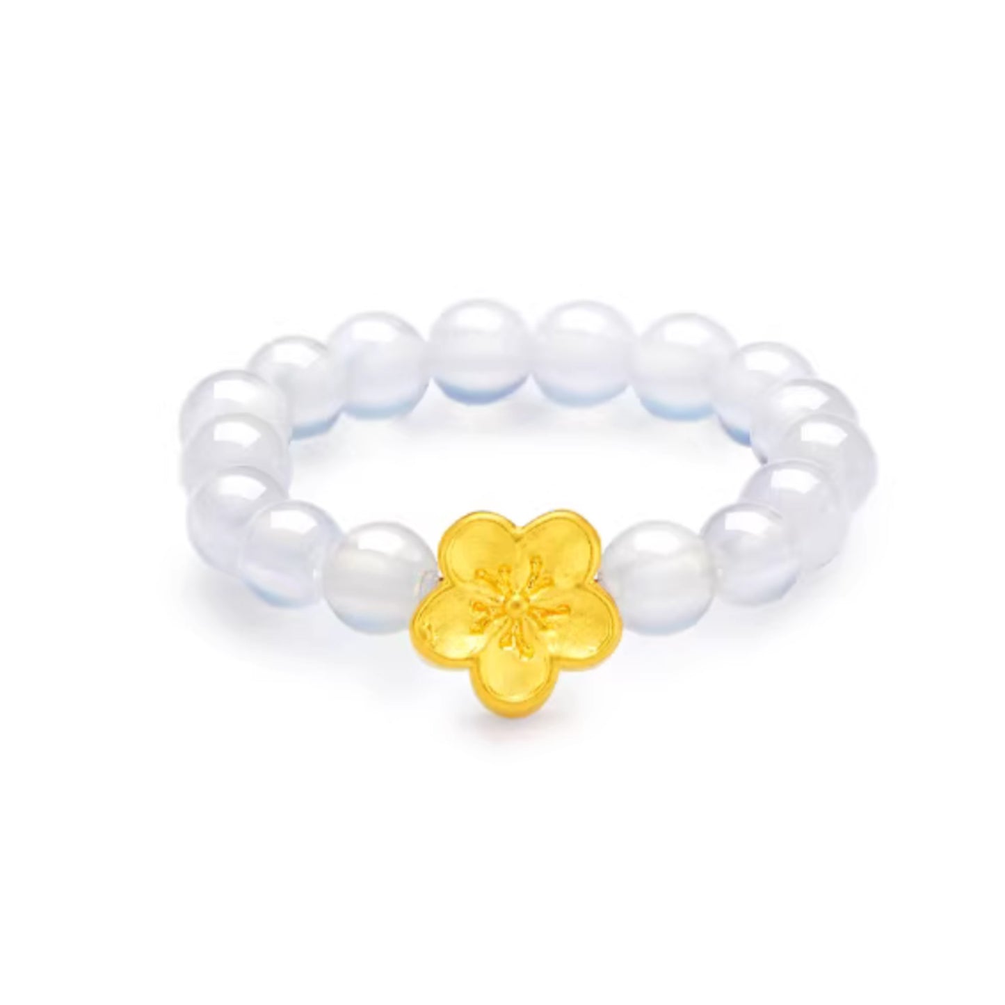 24K 999 5D Hard Gold Mini Cherry Blossom Charm White Agate Ring