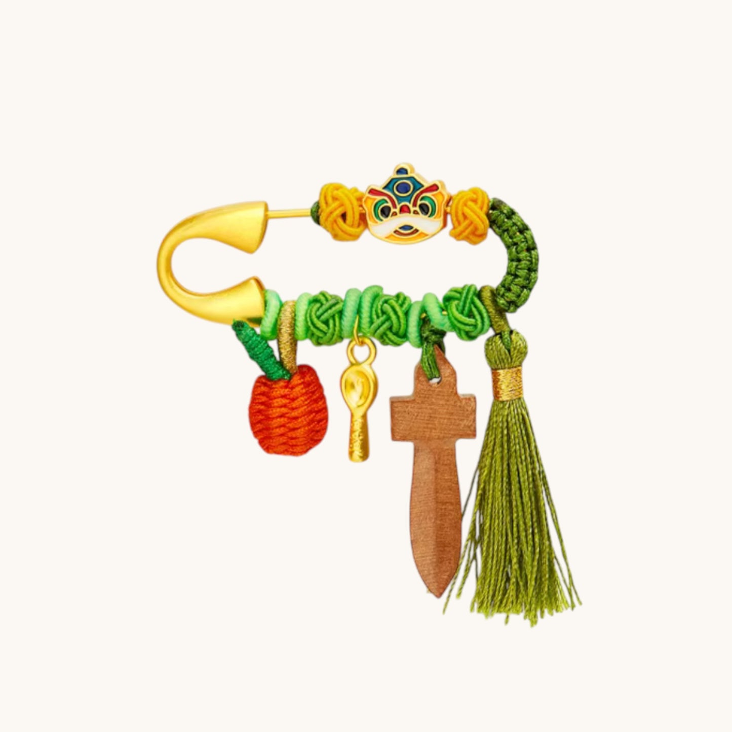 24k 999 Gold Chinese Blessing Pin Brooch Wood Cross and Spoon Baby Babyshower Gift