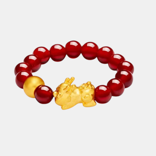 24K 999 5D Hard Gold Pixiu Charm Agate Beads Lucky Ring