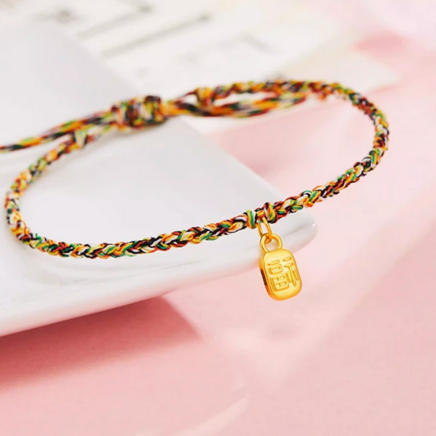 24K 999 5D Hard Gold Mini Chinese Fu Blessing Charm Weaving Thin Bracelet
