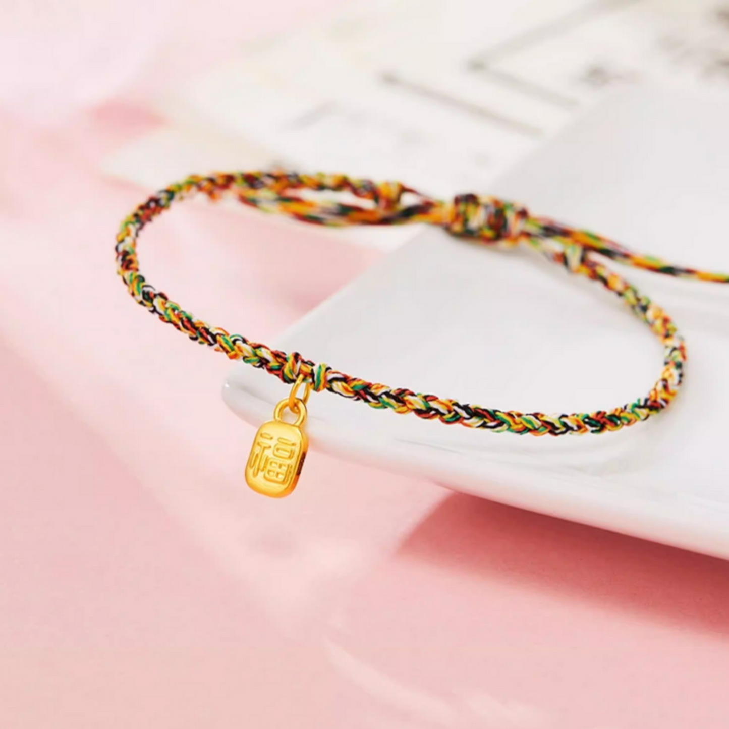 24K 999 5D Hard Gold Mini Chinese Fu Blessing Charm Weaving Thin Bracelet