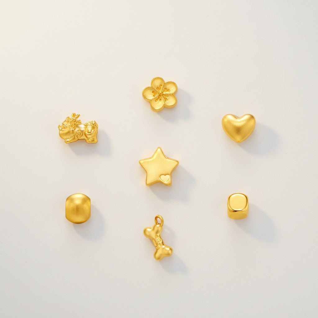 24K 999 Gold D.I.Y Mini Charm Star heart Cherry Blossom Pixiu Charms
