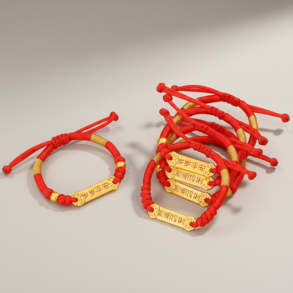 24K 999 Gold Red String Braided Bracelet Peace & Joy Charm for Infants and Children