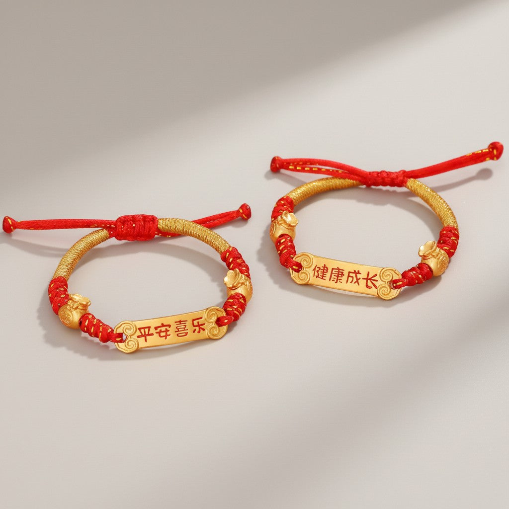 24K 999 Gold Red String Braided Bracelet Peace & Joy Charm for Infants and Children