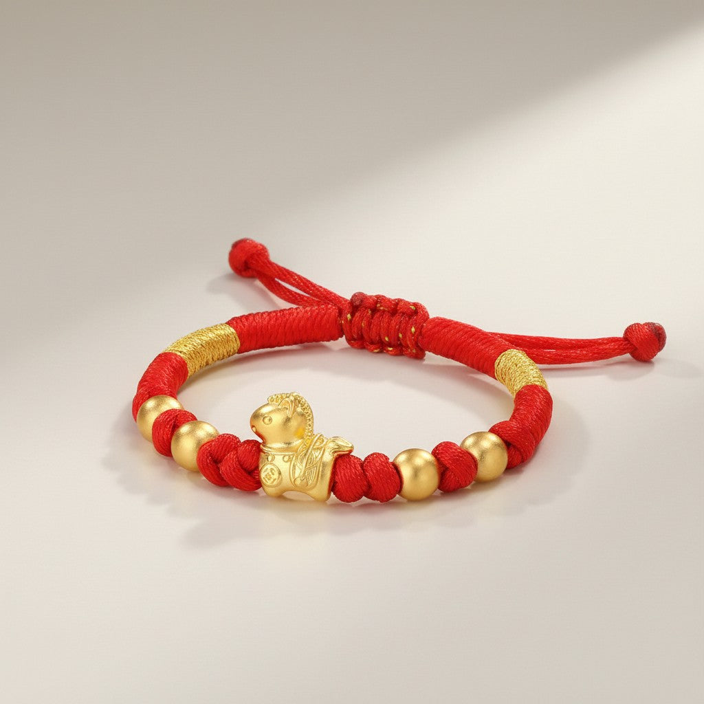 24K 999 Gold Zodiac Horse Charm Red String Braided Bracelet Infants and Children Gift