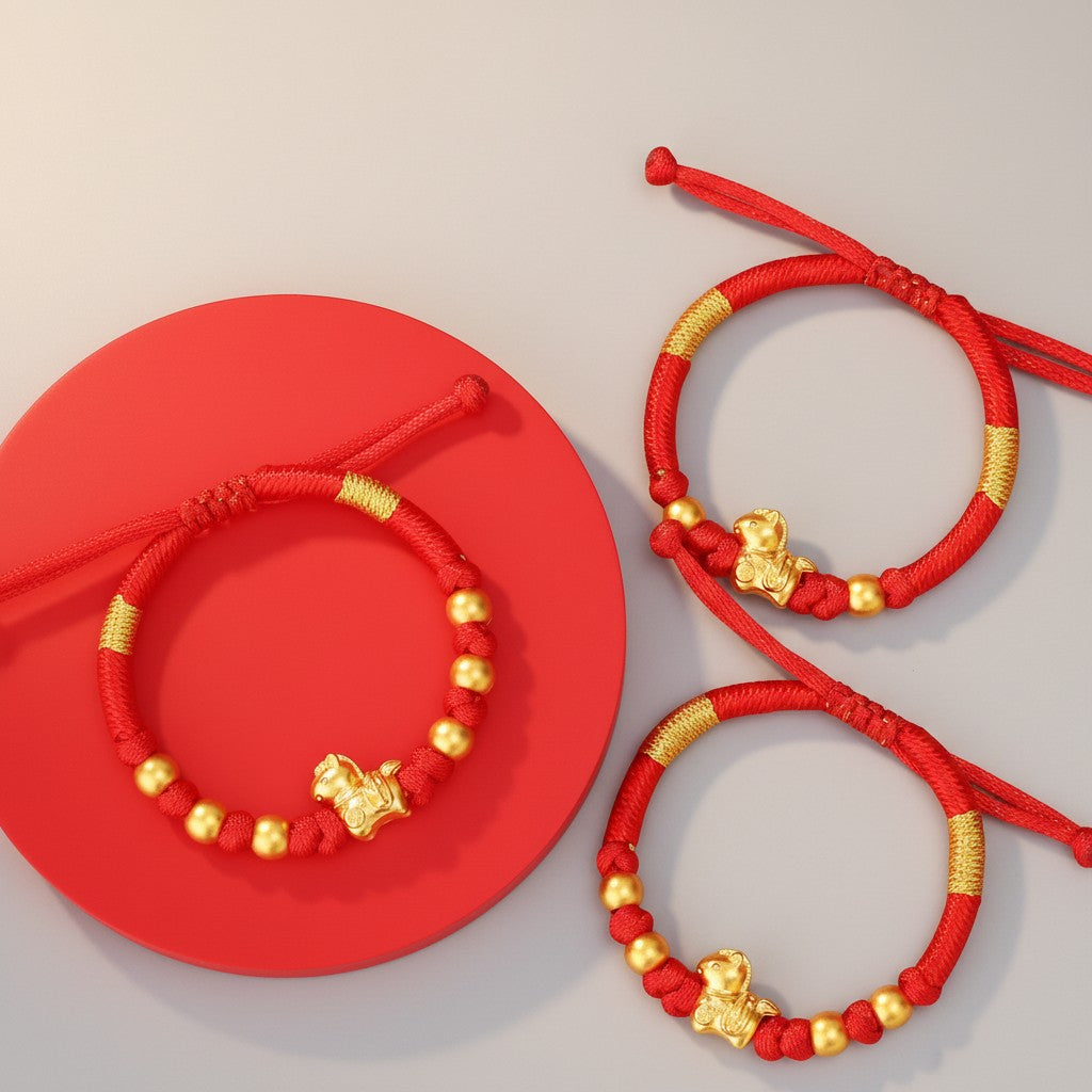 24K 999 Gold Zodiac Horse Charm Red String Braided Bracelet Infants and Children Gift
