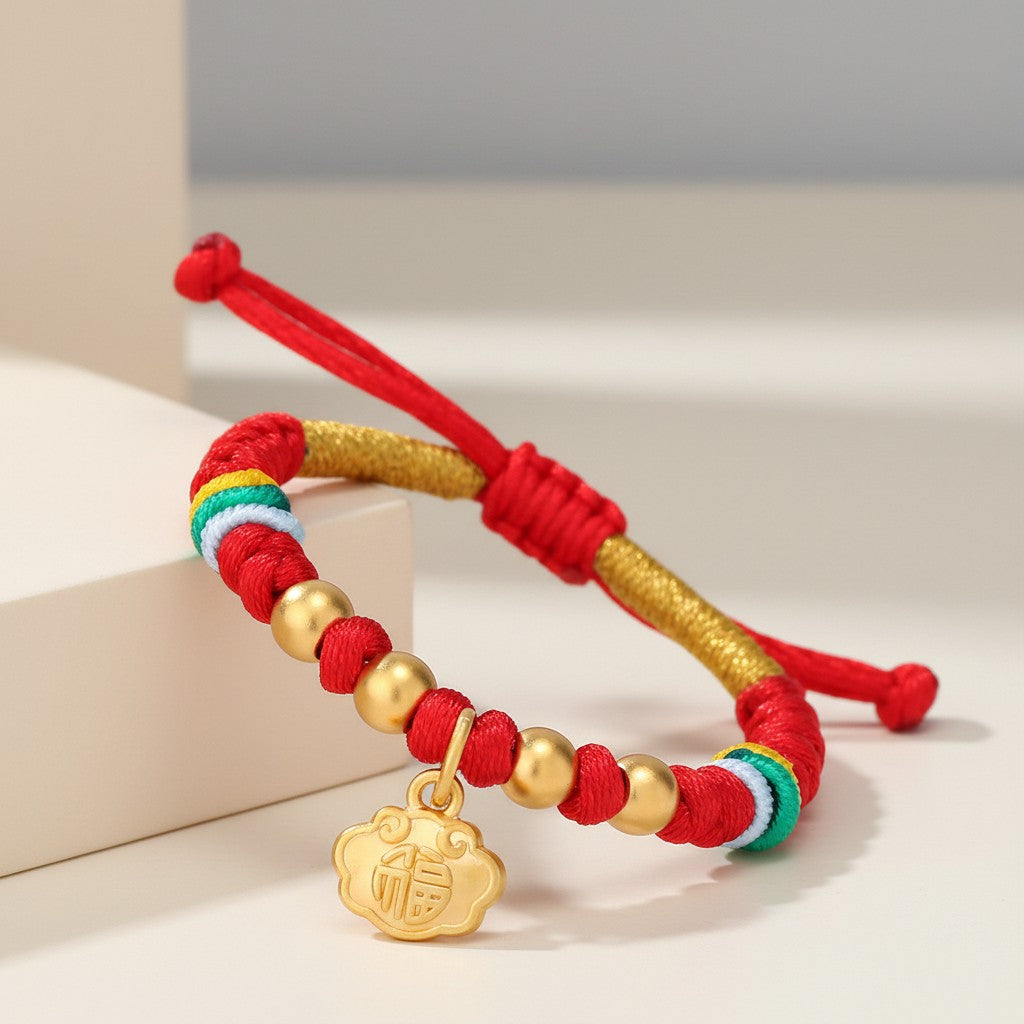 24K 999 Gold Luck Chinese Blessing Safty Lock Charm Weaving Bracelet Kid Baby Gift