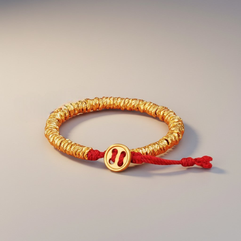 24K 999 Gold Button Charm and Beads Weaving Bracelet