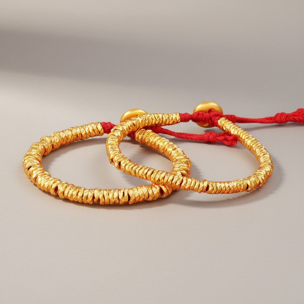 24K 999 Gold Button Charm and Beads Weaving Bracelet