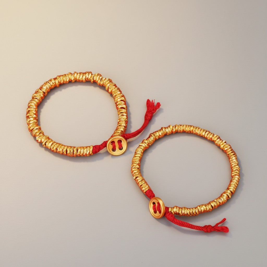 24K 999 Gold Button Charm and Beads Weaving Bracelet