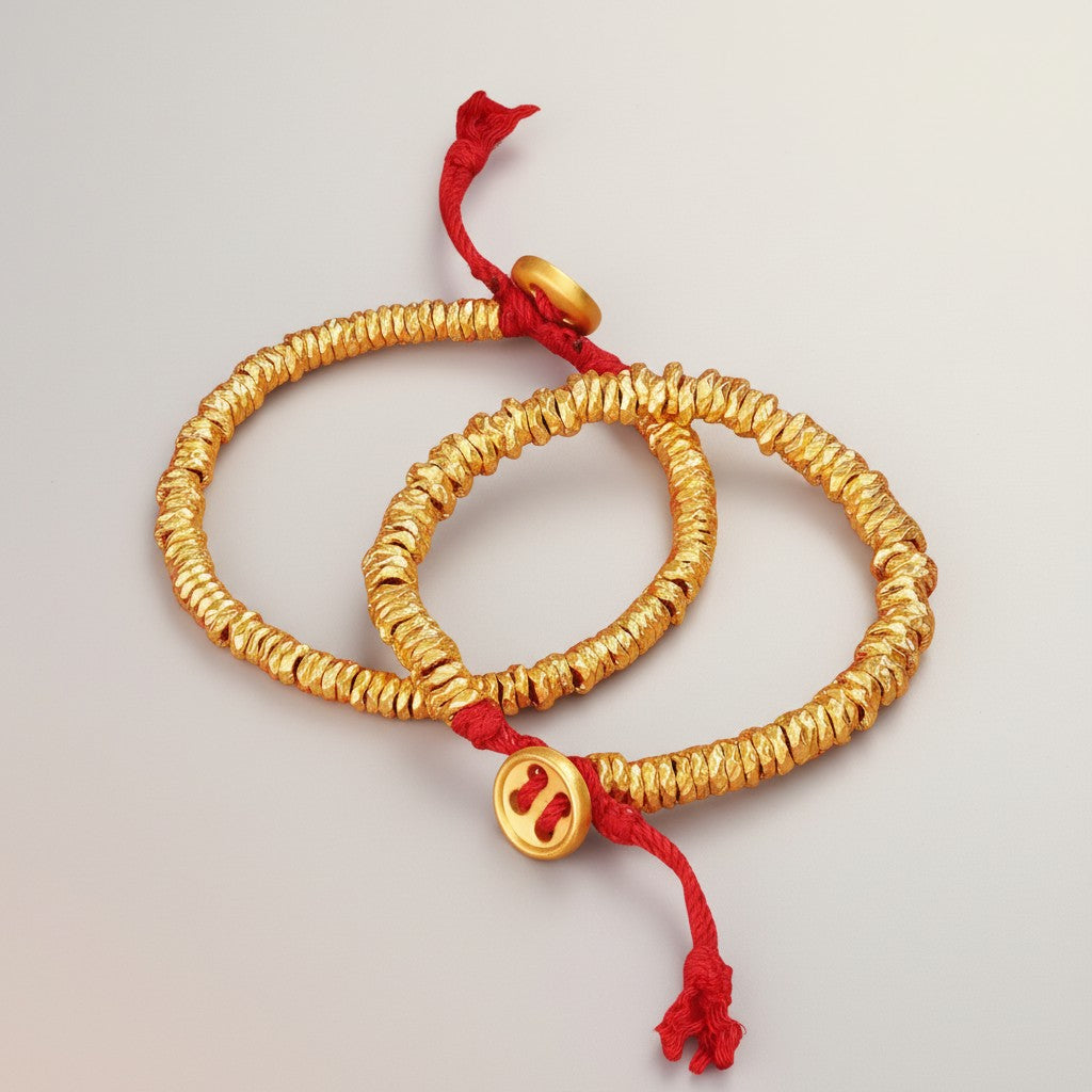 24K 999 Gold Button Charm and Beads Weaving Bracelet