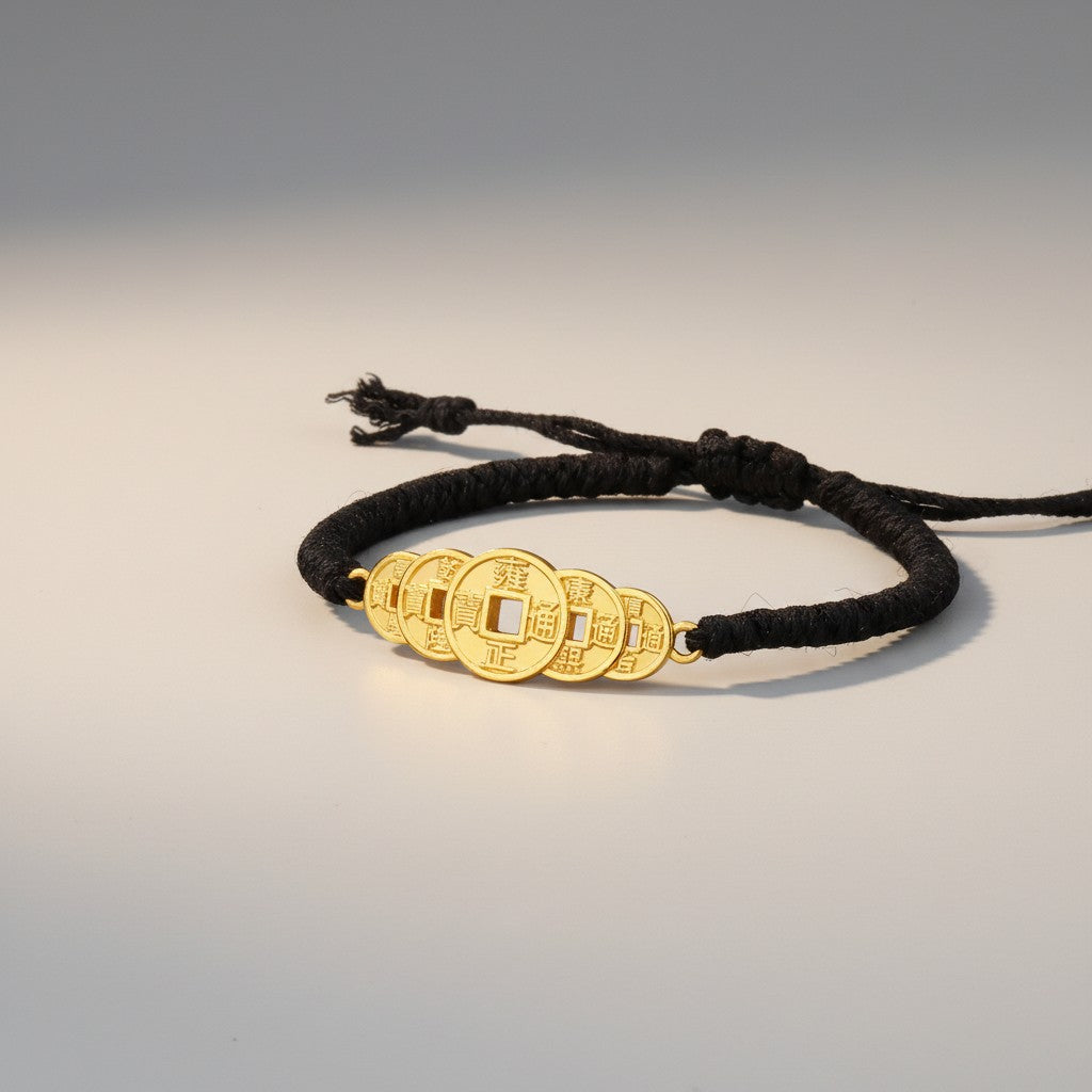 24K 999 Gold The Five Emperor Coins Charm Weaving Bracelet