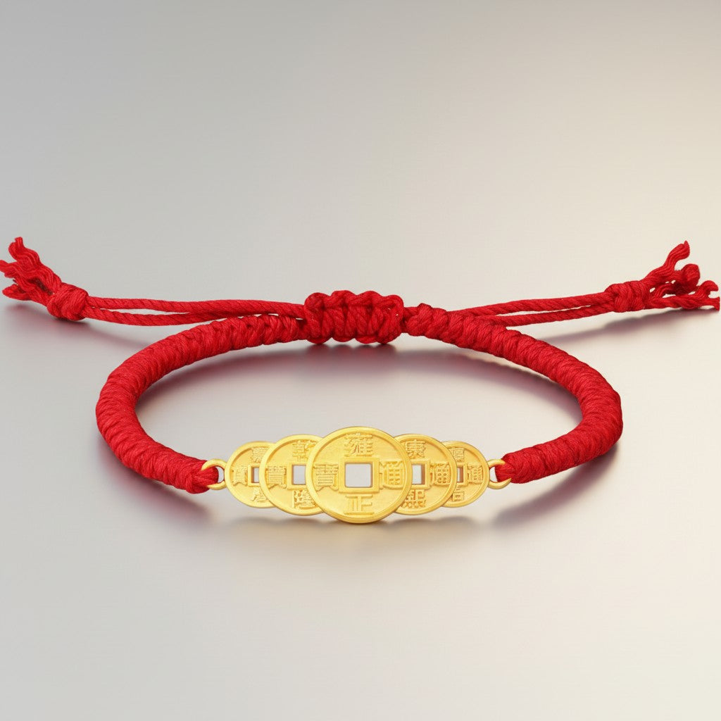 24K 999 Gold The Five Emperor Coins Charm Weaving Bracelet