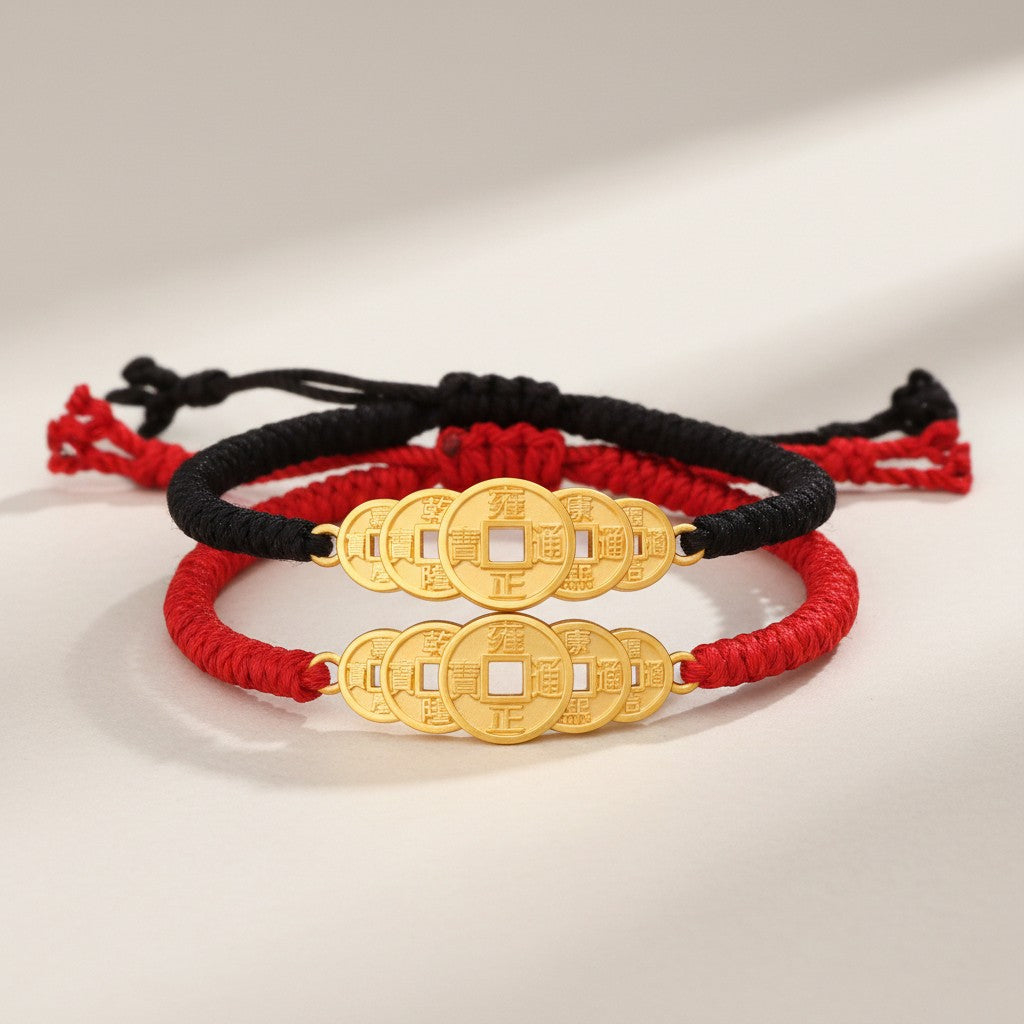 24K 999 Gold The Five Emperor Coins Charm Weaving Bracelet