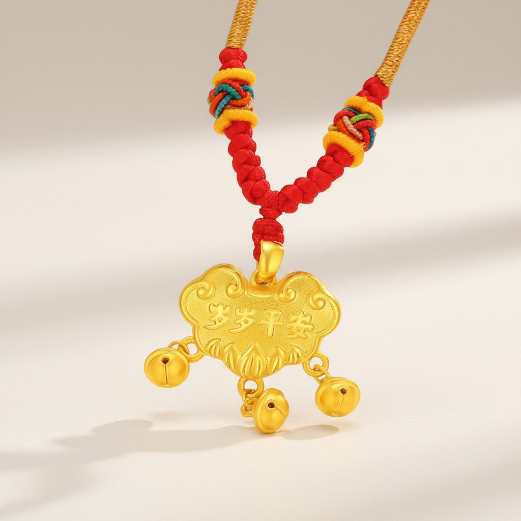24K Gold Baby Longevity Lock Bell Pendant Weaving Necklace Full-Month & First Birthday Gift