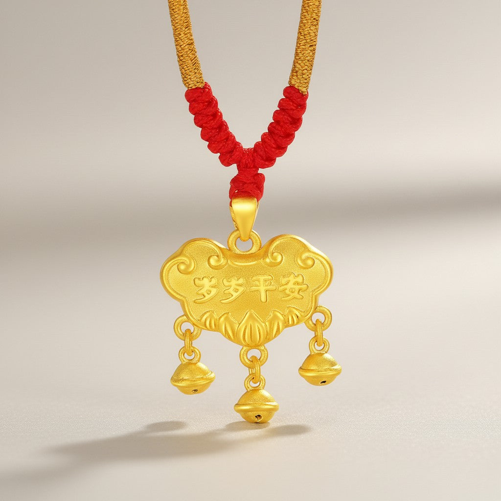 24K Gold Baby Longevity Lock Bell Pendant Weaving Necklace Full-Month & First Birthday Gift