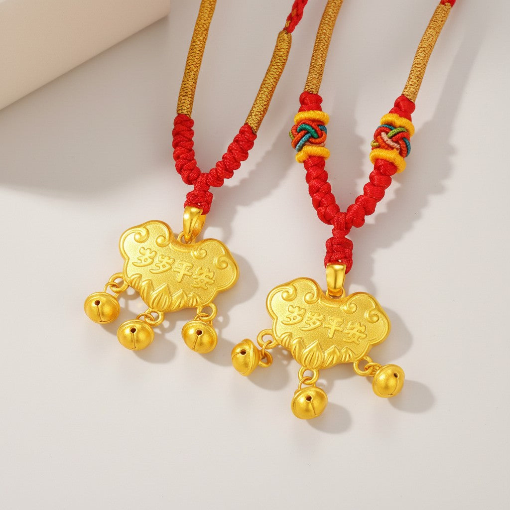 24K Gold Baby Longevity Lock Bell Pendant Weaving Necklace Full-Month & First Birthday Gift