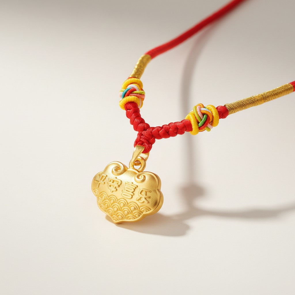 24K Gold Peace and Joy Lock Pendant Weaving Necklace Kid Baby Gift