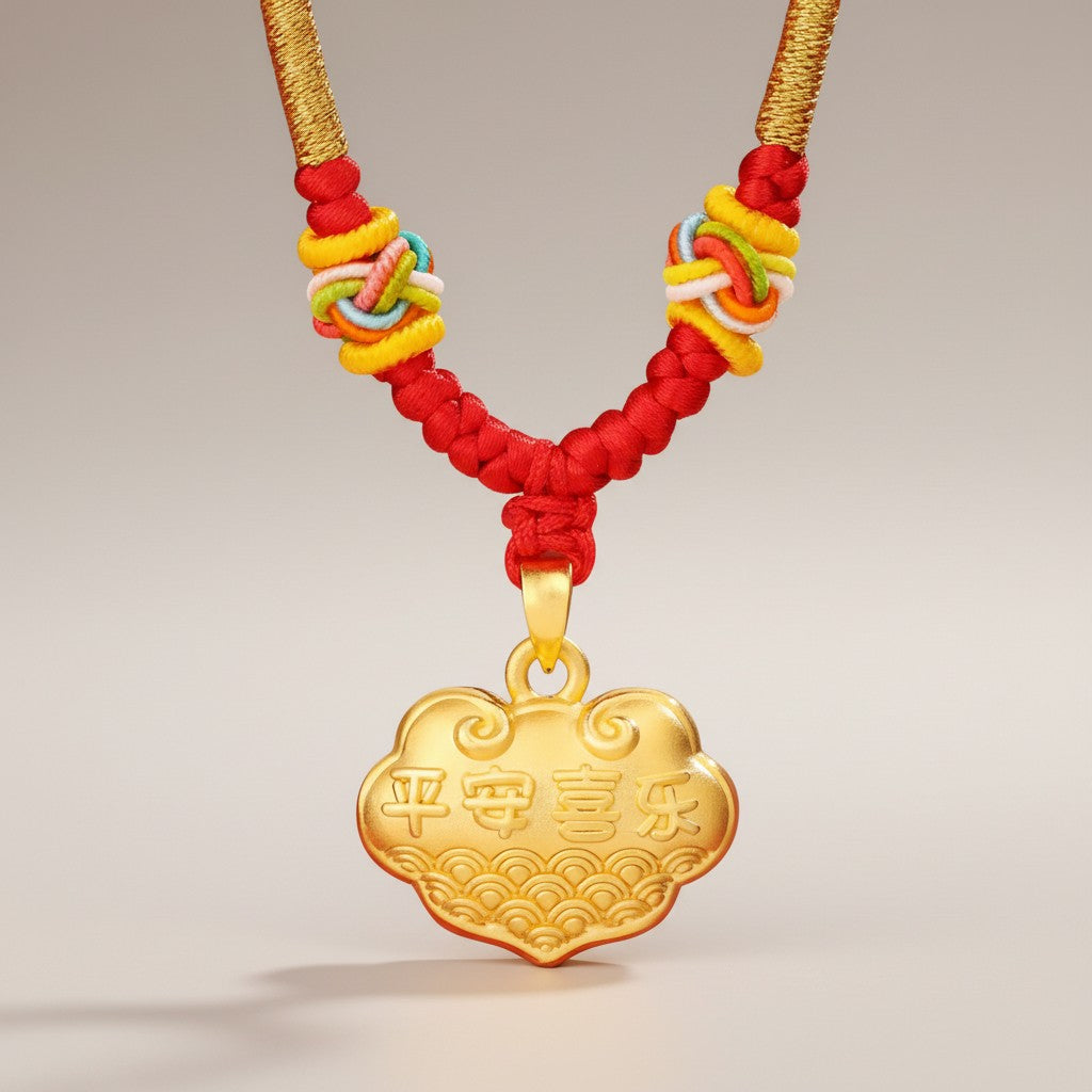 24K Gold Peace and Joy Lock Pendant Weaving Necklace Kid Baby Gift