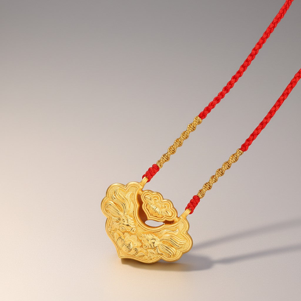 24K Gold Double Koi Fish Longevity Lock Pendant Unisex Necklace with Braided Cord