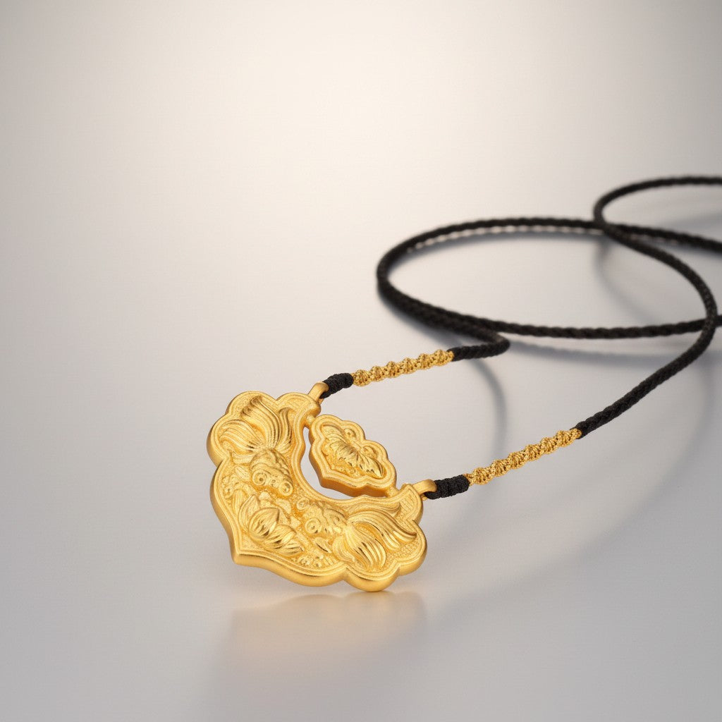 24K Gold Double Koi Fish Longevity Lock Pendant Unisex Necklace with Braided Cord