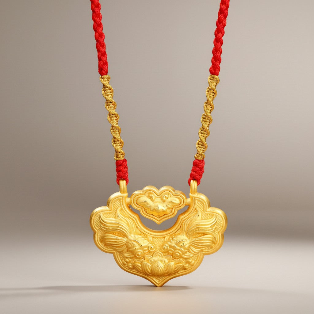24K Gold Double Koi Fish Longevity Lock Pendant Unisex Necklace with Braided Cord