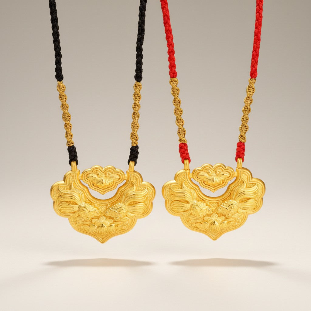 24K Gold Double Koi Fish Longevity Lock Pendant Unisex Necklace with Braided Cord