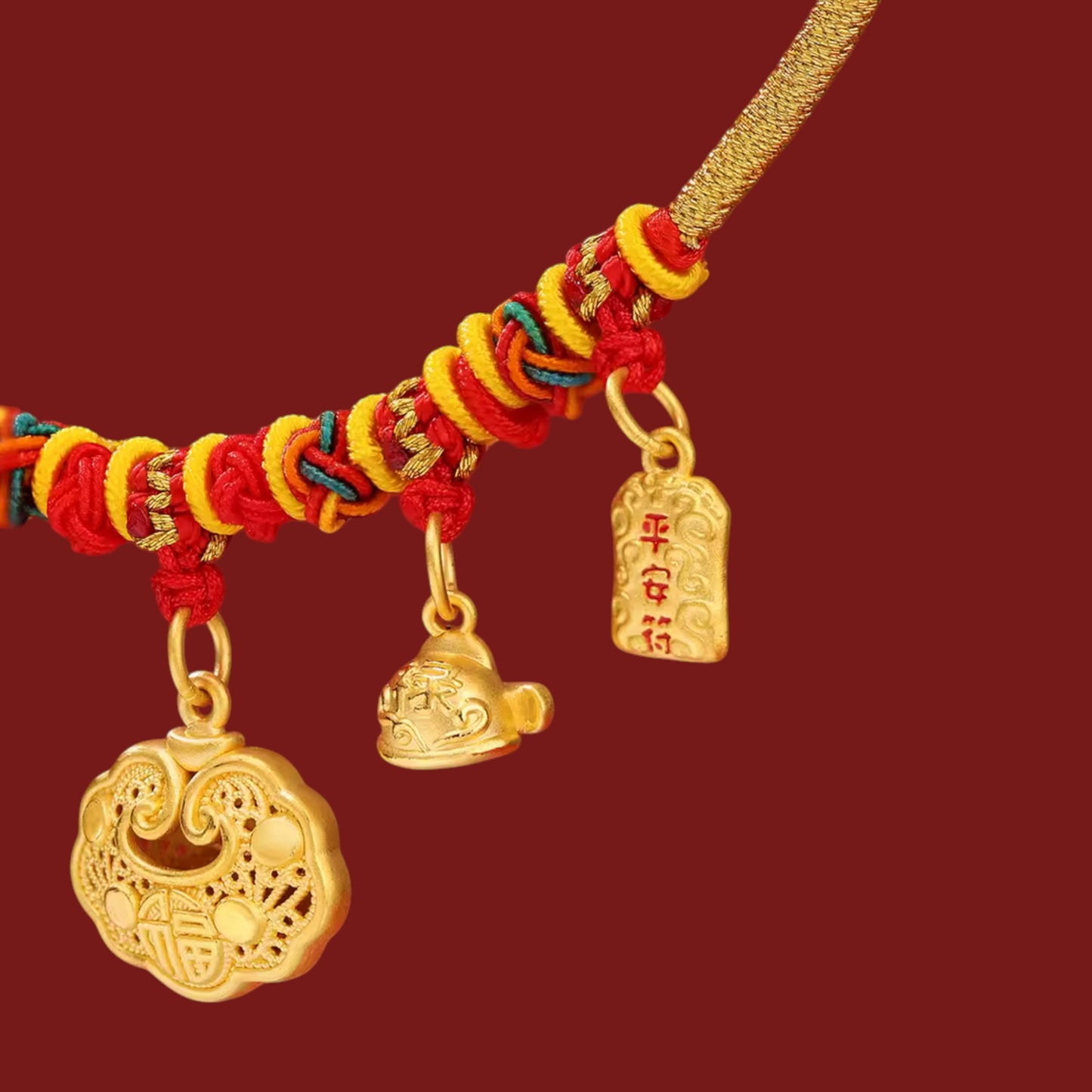 24K Gold Baby Longevity Lock Bell Pendant Weaving Necklace Full-Month & First Birthday Gift