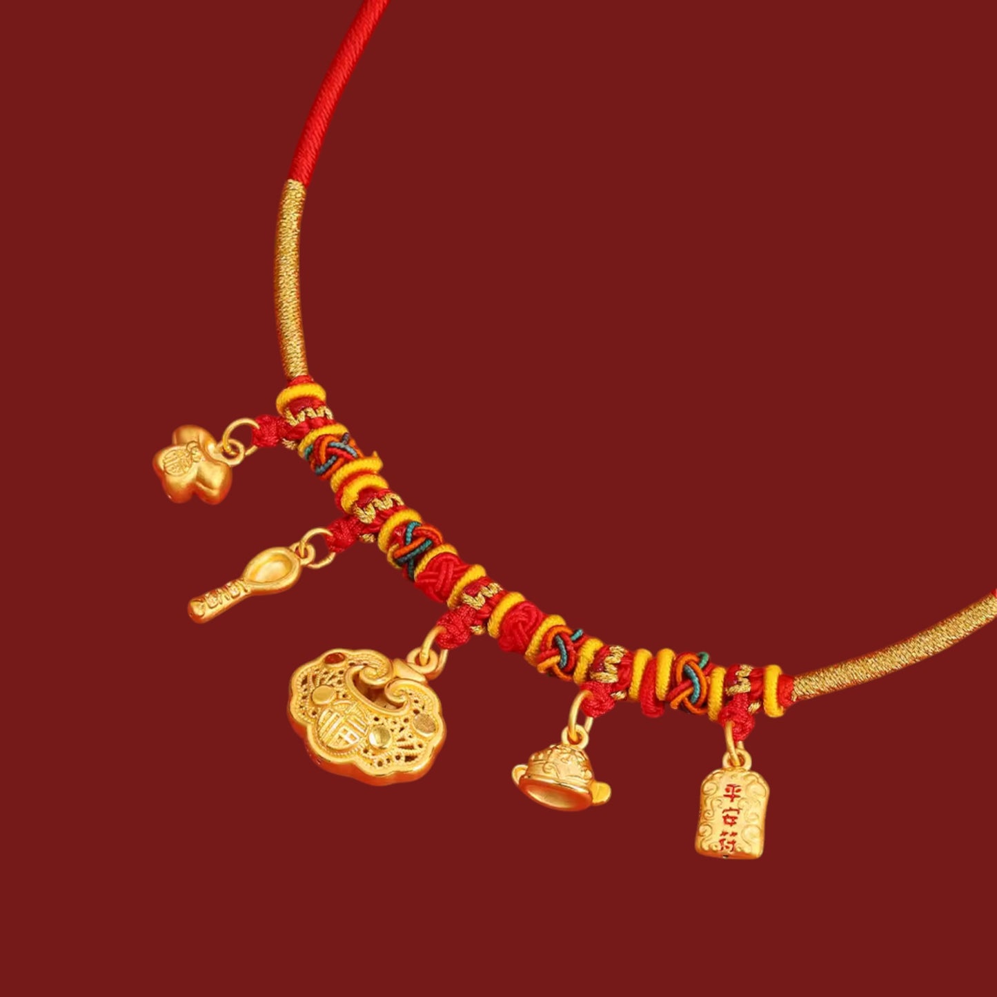 24K Gold Baby Longevity Lock Bell Pendant Weaving Necklace Full-Month & First Birthday Gift