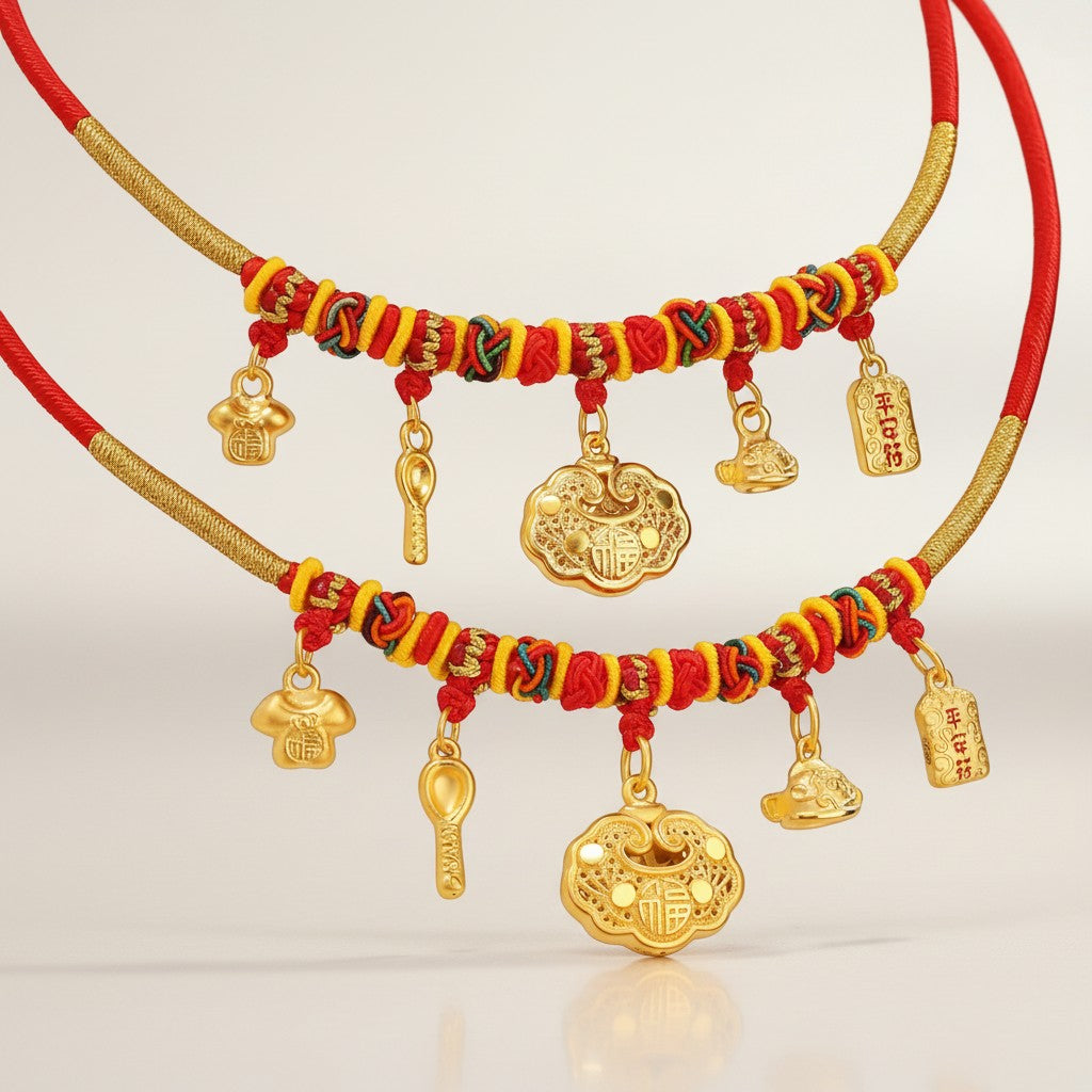24K Gold Baby Longevity Lock Bell Pendant Weaving Necklace Full-Month & First Birthday Gift