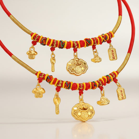 24K Gold Baby Longevity Lock Bell Pendant Weaving Necklace Full-Month & First Birthday Gift