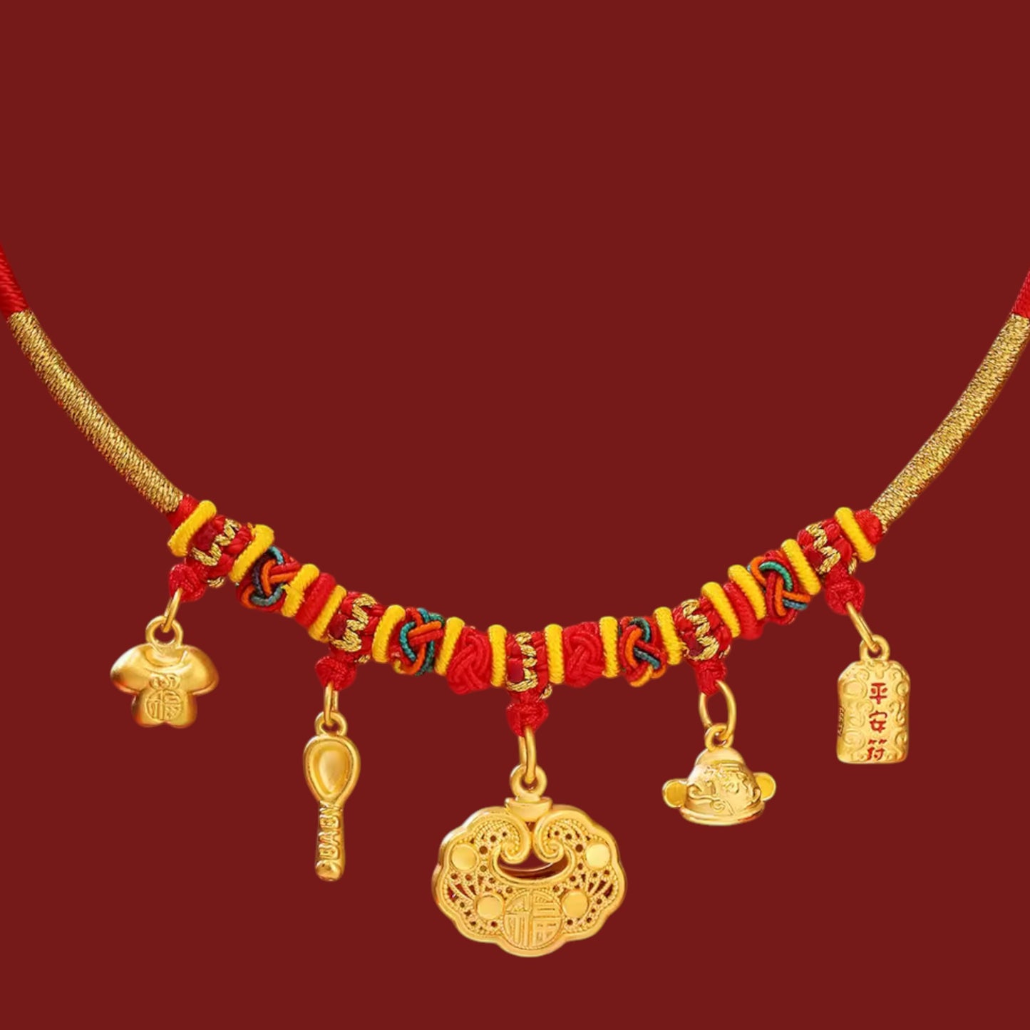 24K Gold Baby Longevity Lock Bell Pendant Weaving Necklace Full-Month & First Birthday Gift