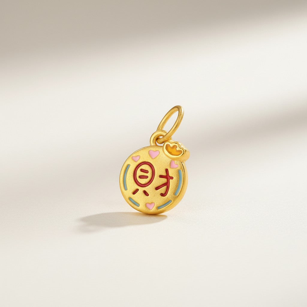 24K 999 Gold D.I.Y Mini Enamel Charm Chinese Lucky Words Blessing Wealth Luck