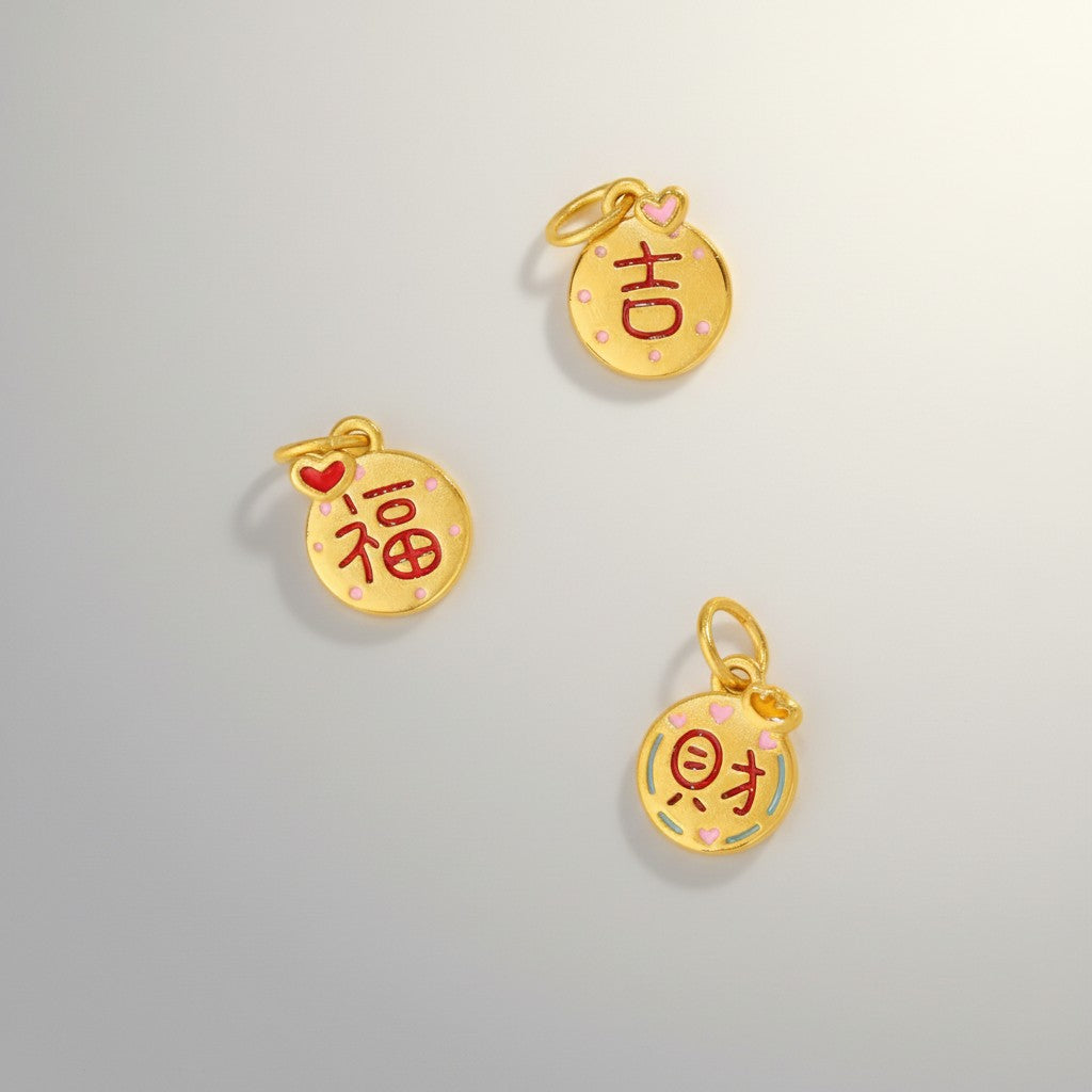 24K 999 Gold D.I.Y Mini Enamel Charm Chinese Lucky Words Blessing Wealth Luck