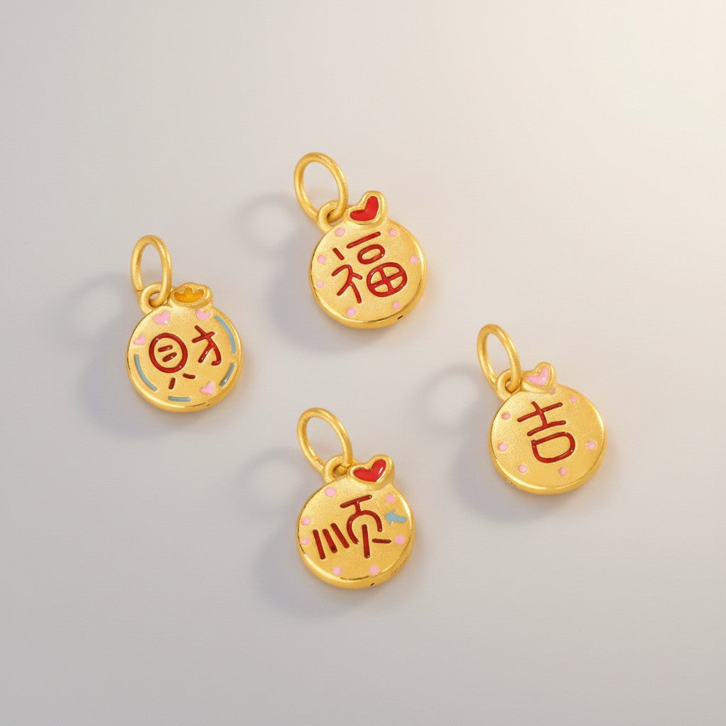 24K 999 Gold D.I.Y Mini Enamel Charm Chinese Lucky Words Blessing Wealth Luck