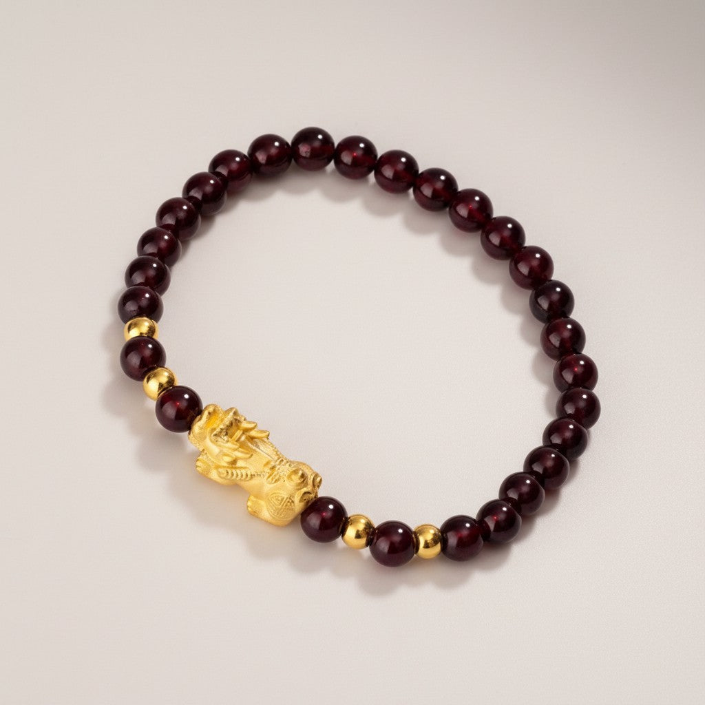 24K 999 Gold Pixiu Charm Garnet Beads Unisex Bracelet