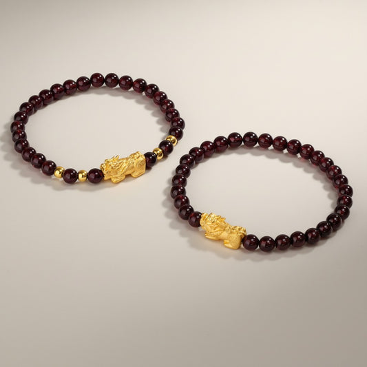 24K 999 Gold Pixiu Charm Garnet Beads Unisex Bracelet