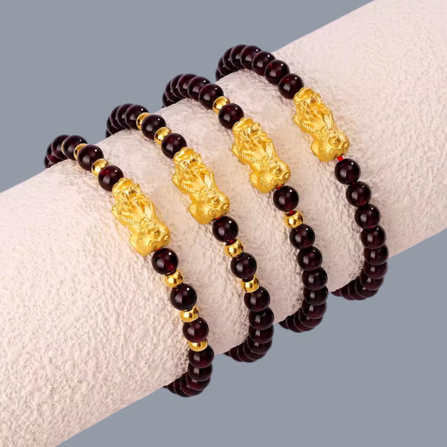 24K 999 Gold Pixiu Charm Garnet Beads Unisex Bracelet