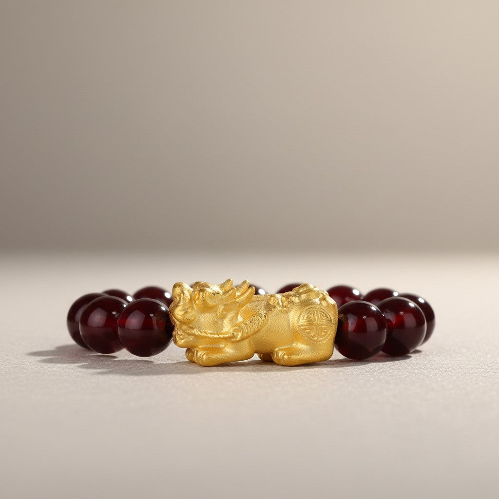24K 999 Gold Pixiu Charm Garnet Beads Unisex Bracelet