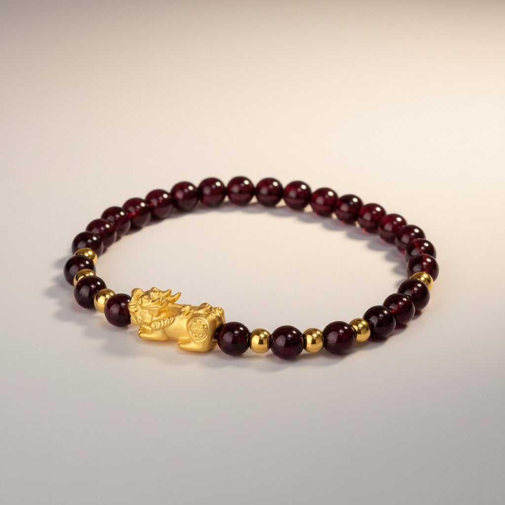 24K 999 Gold Pixiu Charm Garnet Beads Unisex Bracelet