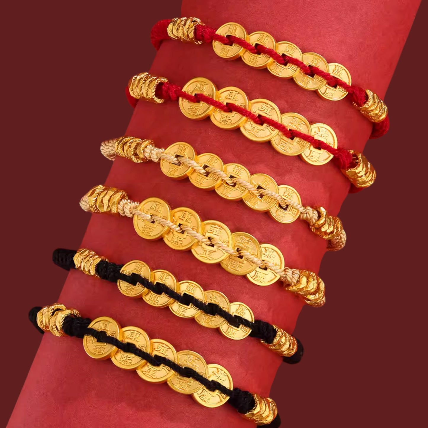 24K 999 Gold The Five Emperor Coins Charm Weaving Bracelet Unisex