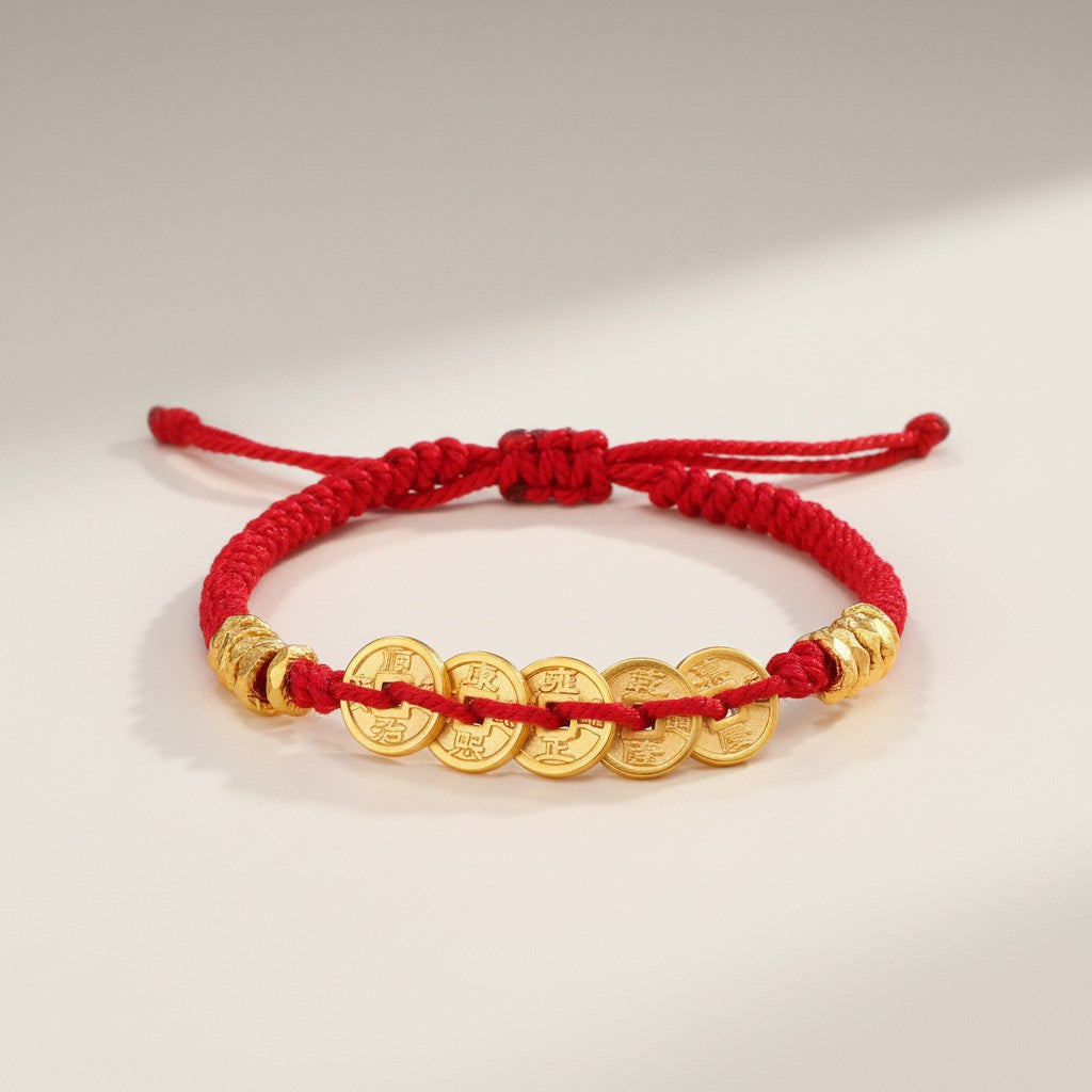 24K 999 Gold The Five Emperor Coins Charm Weaving Bracelet Unisex
