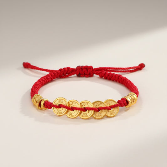 24K 999 Gold The Five Emperor Coins Charm Weaving Bracelet Unisex