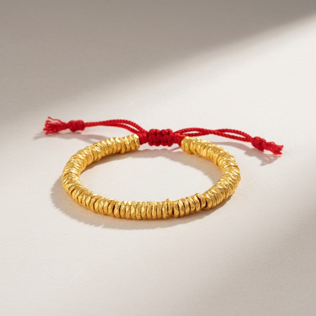 24K 999 Gold Beads Hammer Charm Weaving Adjustable Unisex Bracelet
