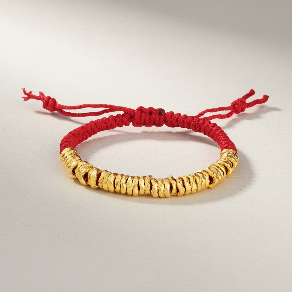 24K 999 Gold Beads Hammer Charm Weaving Adjustable Unisex Bracelet