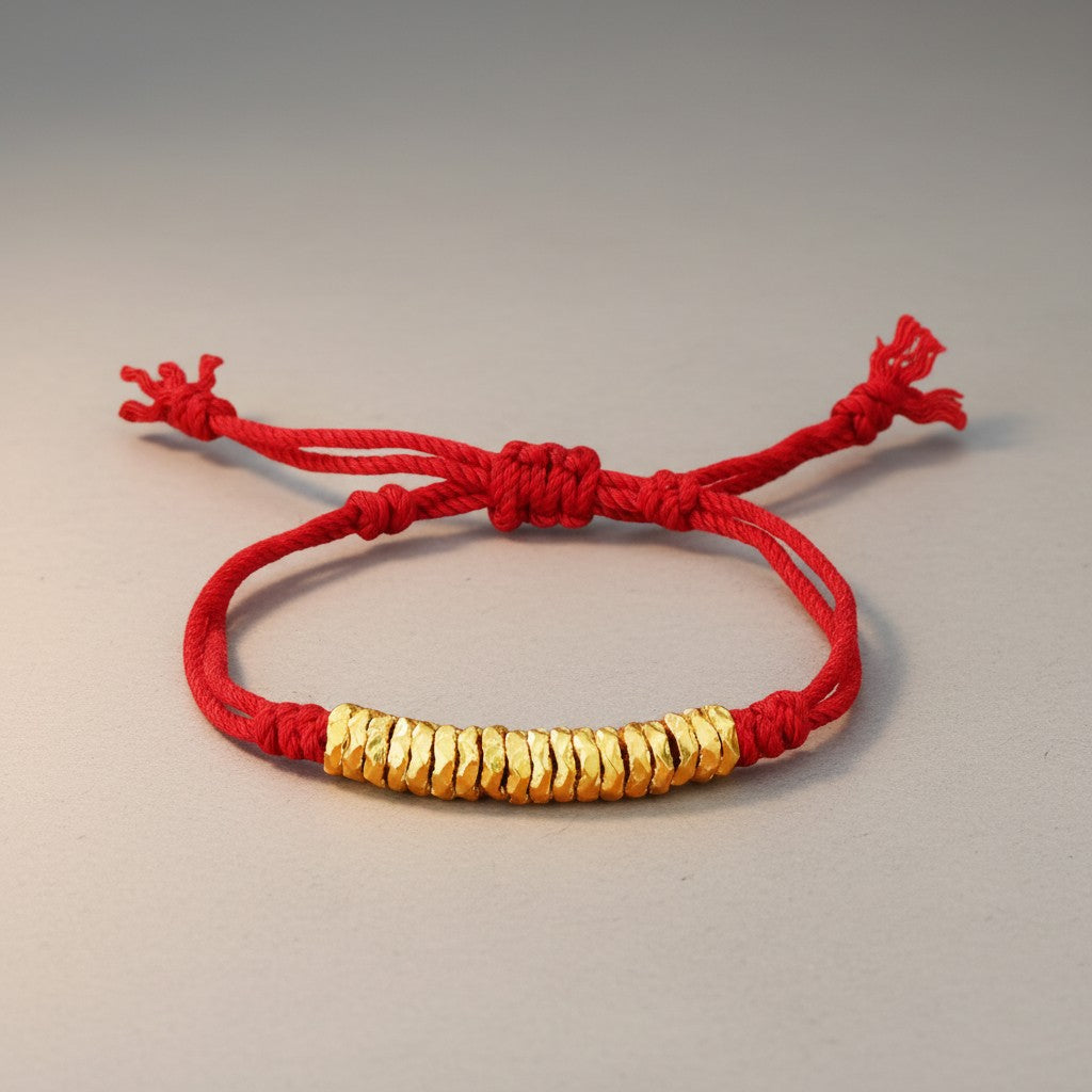 24K 999 Gold Beads Hammer Charm Weaving Adjustable Minimal Unisex Bracelet