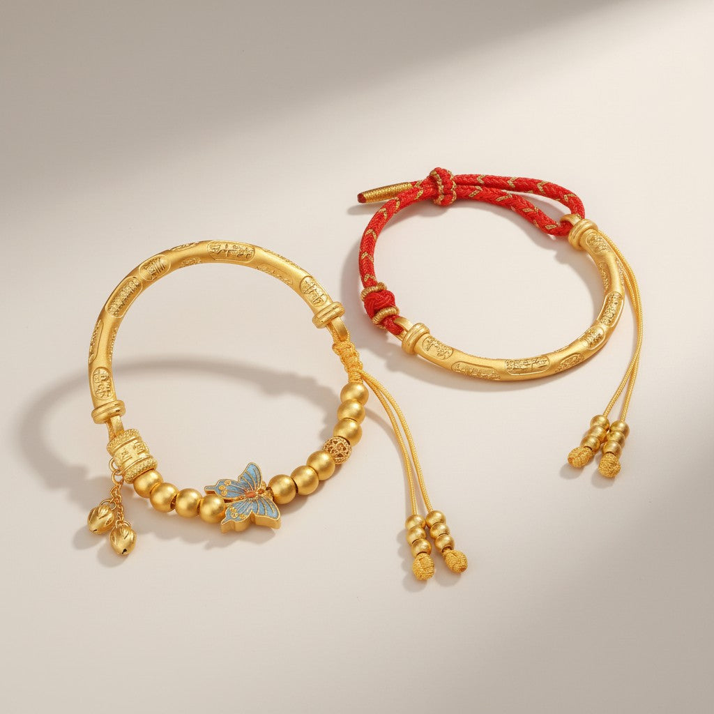 24K 999 Gold Auspicious Words Butterfly Charm Good Luck Half Bangle Bracelet