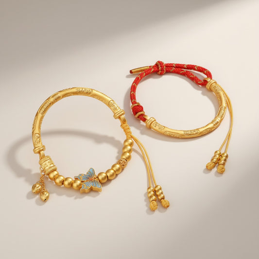 24K 999 Gold Auspicious Words Butterfly Charm Good Luck Half Bangle Bracelet