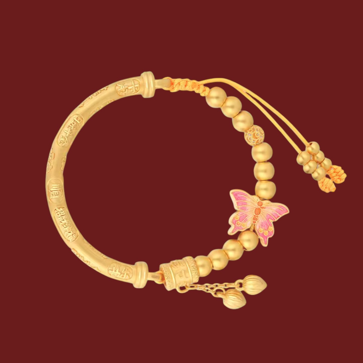 24K 999 Gold Auspicious Words Butterfly Charm Good Luck Half Bangle Bracelet